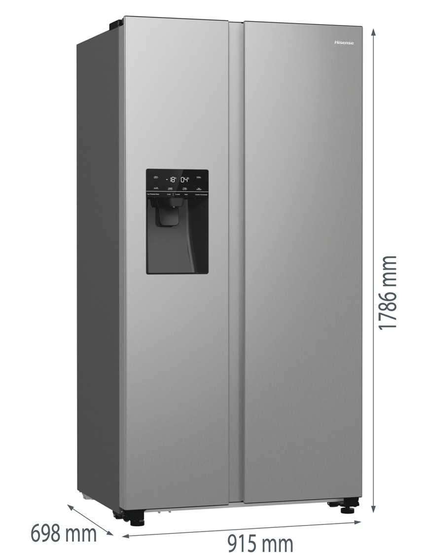 Americká lednice Hisense RS5P535NTCD nerez Chladnička Hisense RS5P535NTCD se pyšní výškou 178,6 cm, šířkou 91,5 cm a hloubkou 69,8 cm.