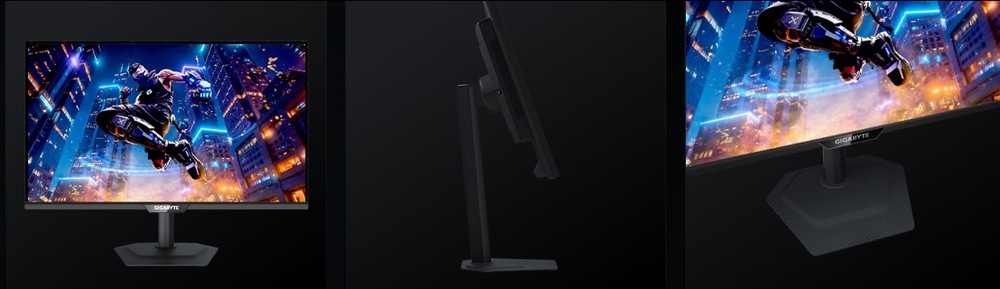 Herní monitor GIGABYTE M27UP černý Zapnutý herní monitor GIGABYTE M27UP zepředu, zboku a detail podstavce