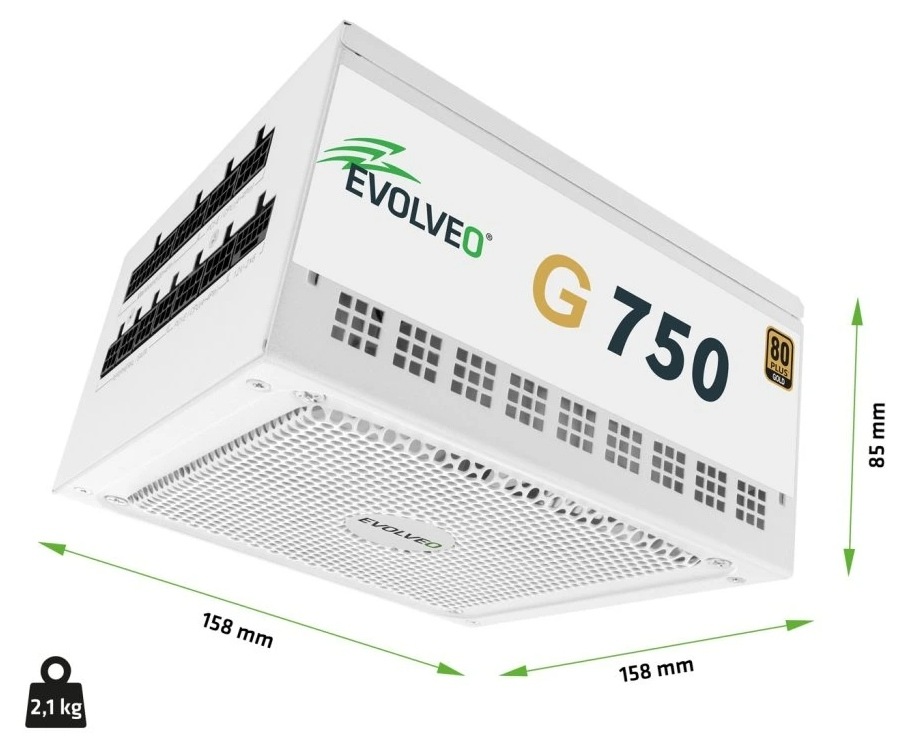 Zdroj Evolveo G750 White 750W 80+ Gold, ATX 3.1 bílý Evolveo G750 80+ Gold je široký jen 158 mm – vejde se i do kompaktní skříně