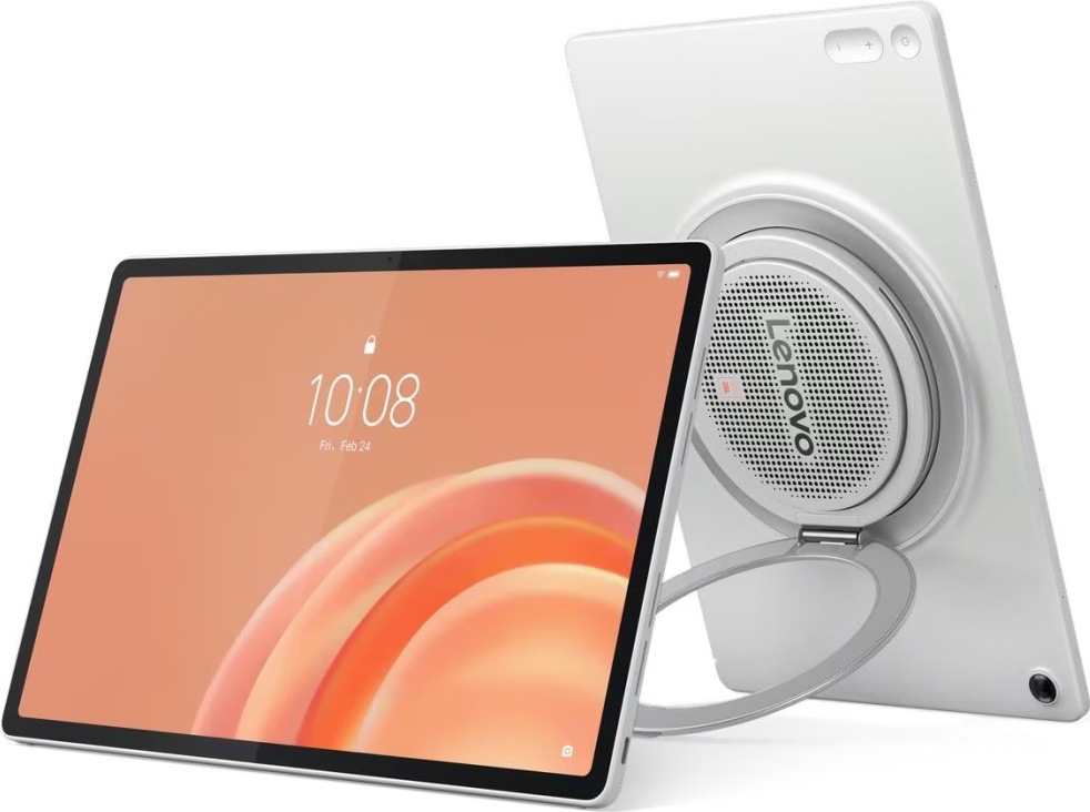 Dotykový tablet Lenovo Tab Plus Gen 2 8 GB / 128 GB + ochranné pouzdro bílý Lenovo Tab Plus Gen 2 s integrovaným reproduktorem a kruhovým stojánkem připravený pro sledování videí i poslech hudby