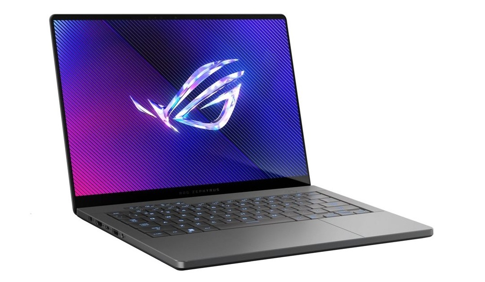 Notebook Asus ROG Zephyrus G14 bílý Otevřený a zapnutý notebook Asus ROG Zephyrus G14 natočený doprava