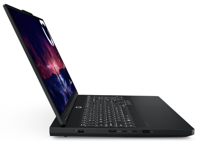 Notebook Lenovo Legion Pro 5 16IAX10H černý Boční pohled na Lenovo Legion Pro 5 16IAX10H s tenkým displejem a otevřenou konstrukcí