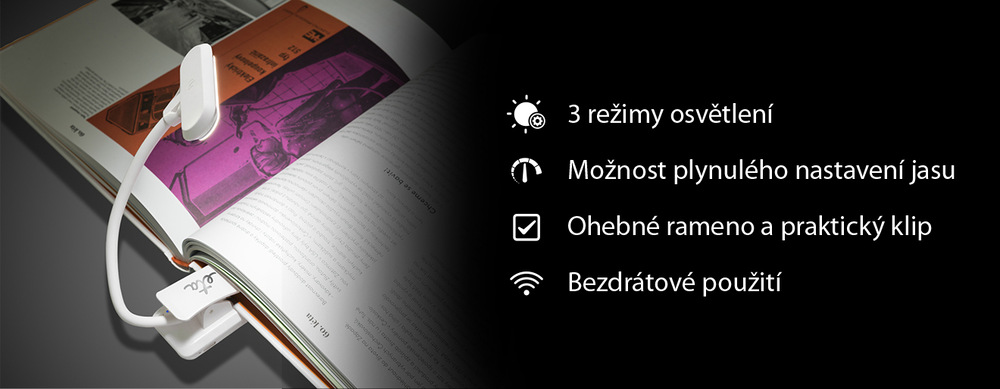 Stolní LED lampička ETA 189490000 bílá Bílá bezdrátová lampička na čtení ETA s klipem připevněná na knize, nabízí 3 režimy osvětlení, plynulé nastavení jasu a ohebné rameno.