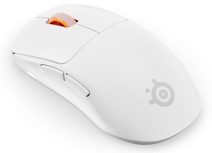 Myš SteelSeries Sensei Pro WL Mini bílá Bílá bezdrátová herní myš SteelSeries Sensei Pro Mini s bočními tlačítky a oranžovým kolečkem