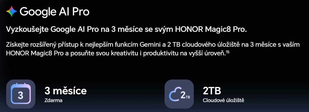 Google AI Pro a asistent Gemini dostupné v telefonu HONOR Magic8 Pro s cloudovým úložištěm