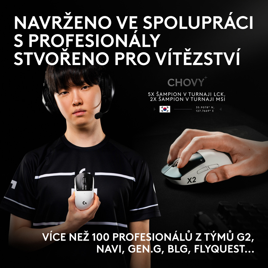 Myš Logitech G PRO X 2 Superstrike bílá Portrétní snímek profesionálního esport hráče držícího myš, zdůrazňující spolupráci s profesionály při vývoji,