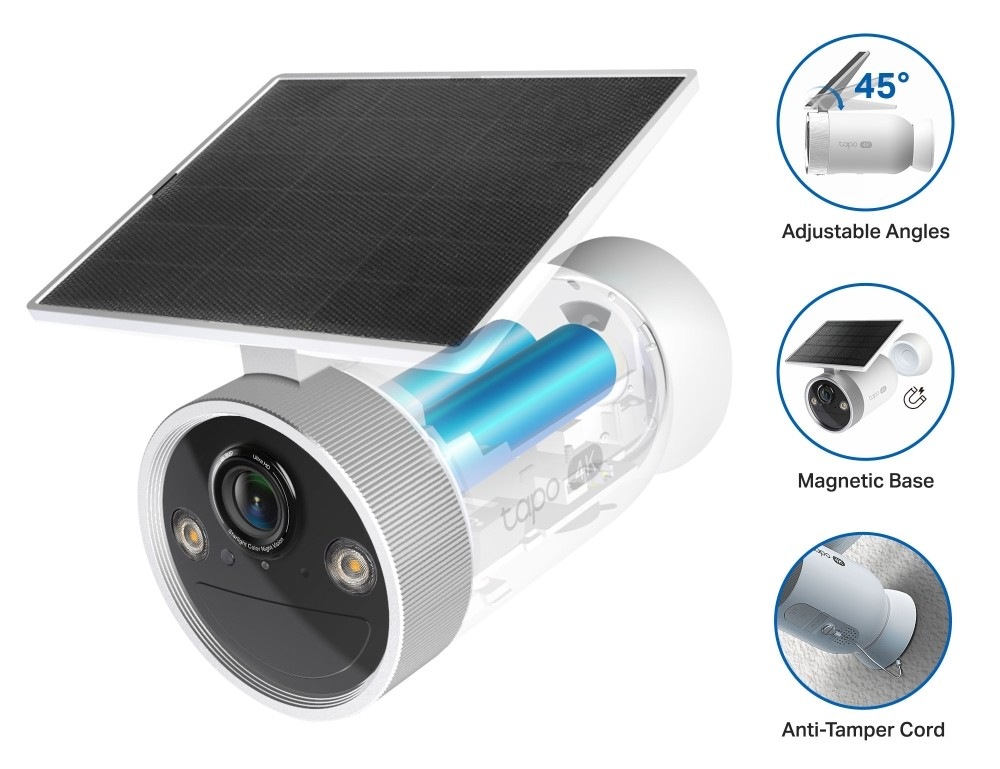 IP kamera TP-Link Tapo C465 4K Solar obsahuje dobíjecí baterii pro chod až 180 dní bez slunce