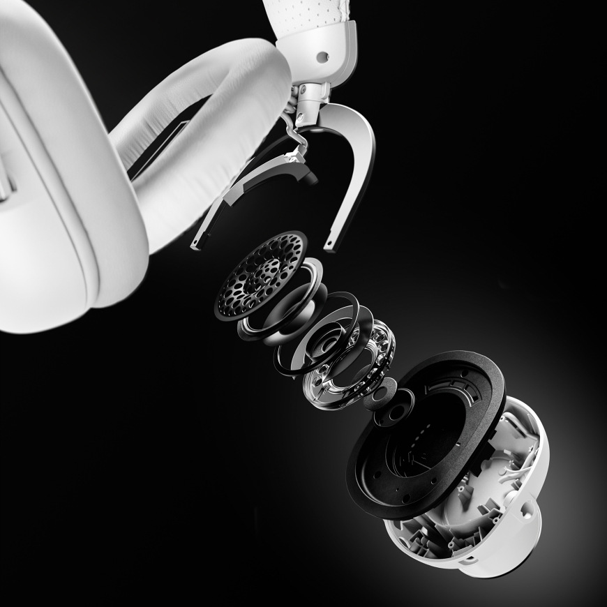 Headset Logitech PRO X3 LIGHTSPEED Wireless černý Explodovaný pohled na konstrukci náušníku headsetu Logitech PRO X 3 LIGHTSPEED Wireless s jednotlivými vnitřními vrstvami měniče