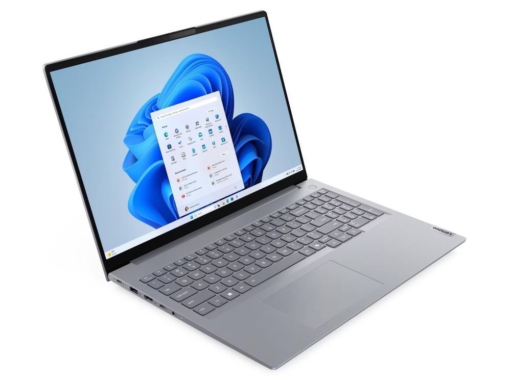 Notebook Lenovo ThinkBook 16 G9 IRL šedý Otevřený a zapnutý notebook Lenovo ThinkBook 16 G9 otočený doprava