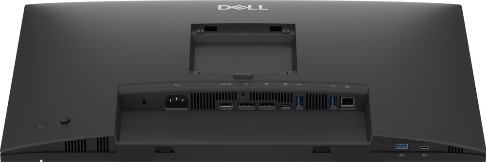 Zadní pohled na monitor Dell Pro P2426E bez stojanu, s odkrytým uchycením VESA, větracími otvory a konektory pro napájení, HDMI, dva DisplayPorty, USB-A, USB-C a RJ-45.