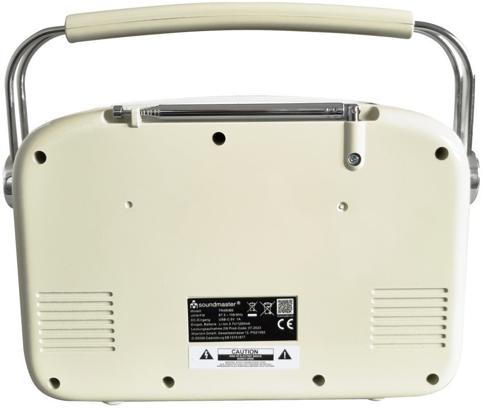 Radiopřijímač Soundmaster TR480BE stříbrný/béžový Zadní strana rádia Soundmaster TR480BE v béžové barvě se štítkem technických parametrů a složenou anténou.