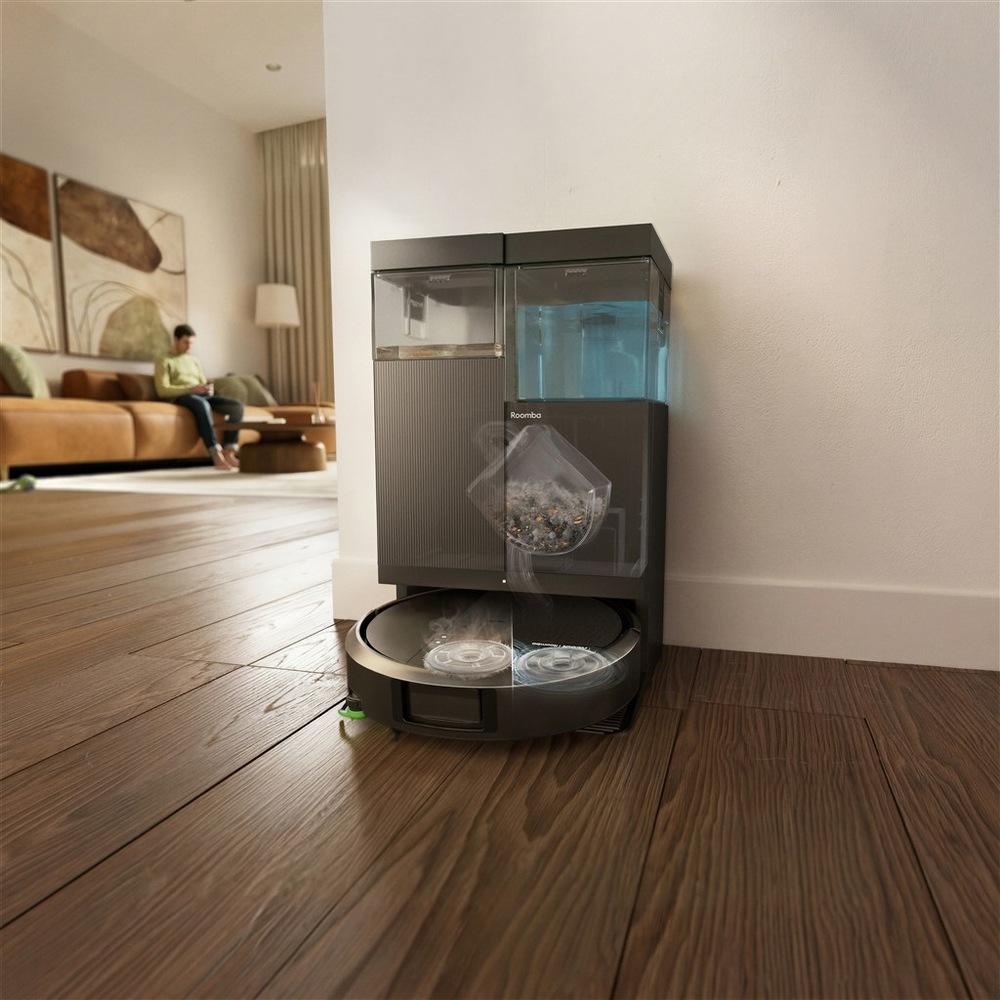 Dokovací stanice AutoWash dock robota iRobot Roomba Plus 515 Combo v obývacím pokoji.