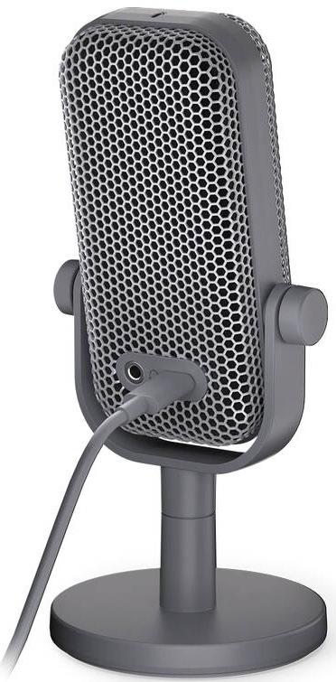 Mikrofon ENDORFY Solum Voice S , pop-up , RGB šedý Detail zadní strany šedého mikrofonu Endorfy s USB-C připojením a sluchátkovým výstupem.