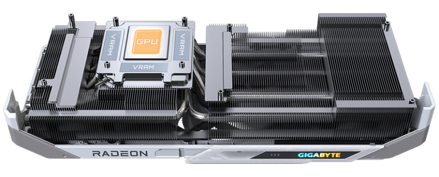 Grafická karta GIGABYTE Radeon RX 9070 XT GAMING OC ICE 16G bílá Detail chladiče grafické karty GIGABYTE RX 9070 XT s měděnou základnou a heatpipe