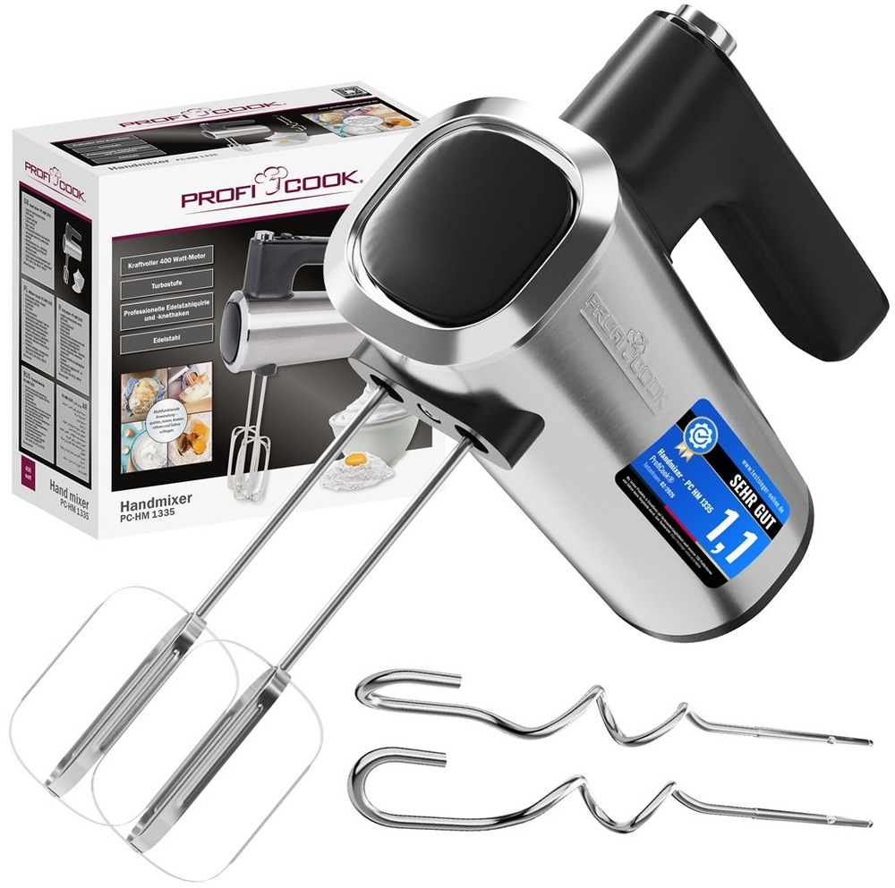 Ruční šlehač Profi Cook HM 1335 nerez Balení ručního mixéru ProfiCook PC-HM 1335 s příslušenstvím a háky