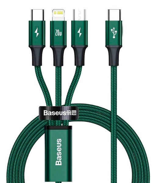 Kabel Baseus Rapid Series 3v1 USB-C (Micro USB/Lightning/USB-C) PD 20W 1,5m zelený Kabel Baseus Rapid Series 3v1 USB-C (Micro USB/Lightning/USB-C) PD 20W 1,5m zelený