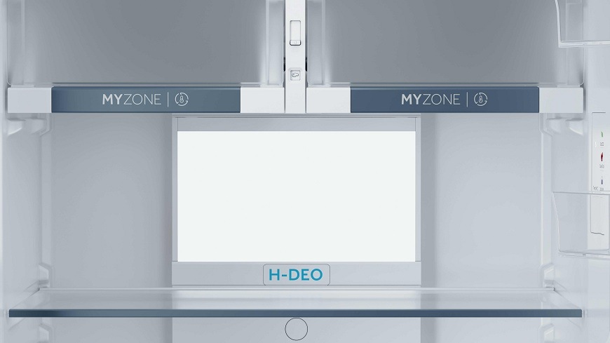 Chladnička Haier HPR5718DNMB černá detail vnitřku chladničky haier HPR5718DNMB, zásuvky my zone, odvětlení daylight a modul h-deo
