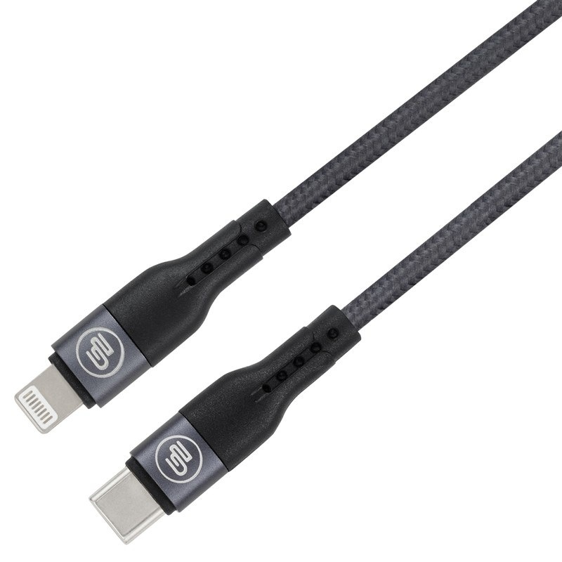 Propojovací kabel GoGEN s textilním opletením v grafitové barvě s koncovkami USB-C a lightning