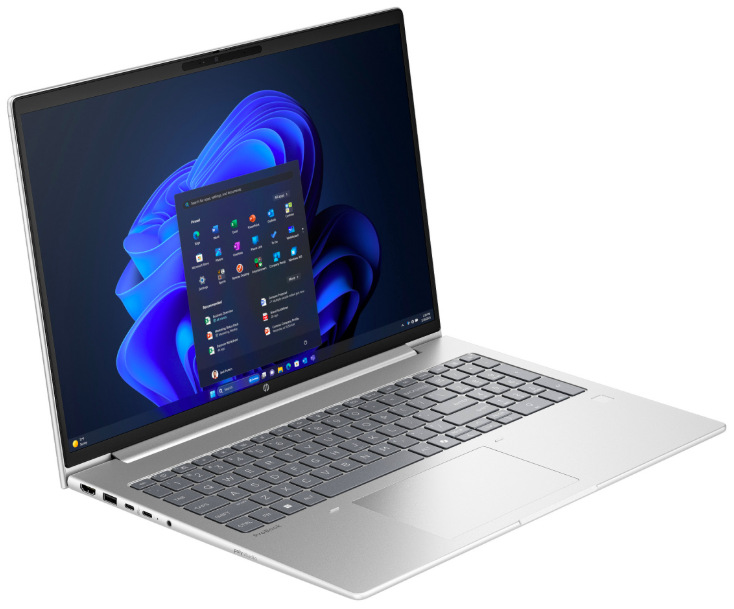 Otevřený HP ProBook 4 G2a z levé strany s klávesnicí a displejem Windows 11 Pro