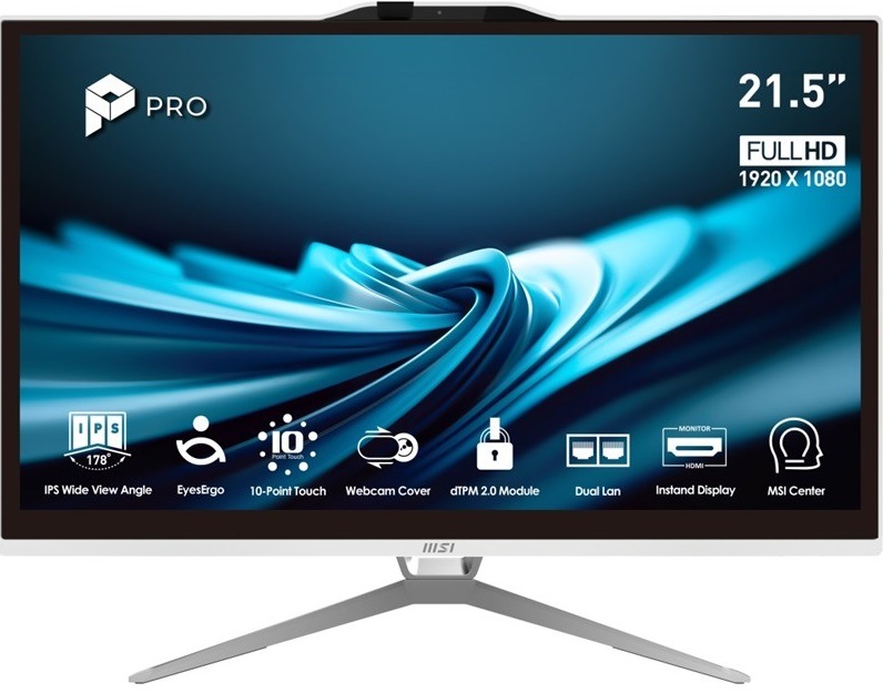 Počítač All In One MSI PRO AP222T 14MA-669EU bílý Pohled na bílý All-in-One počítač MSI PRO AP222T na tenkém kovovém stojanu