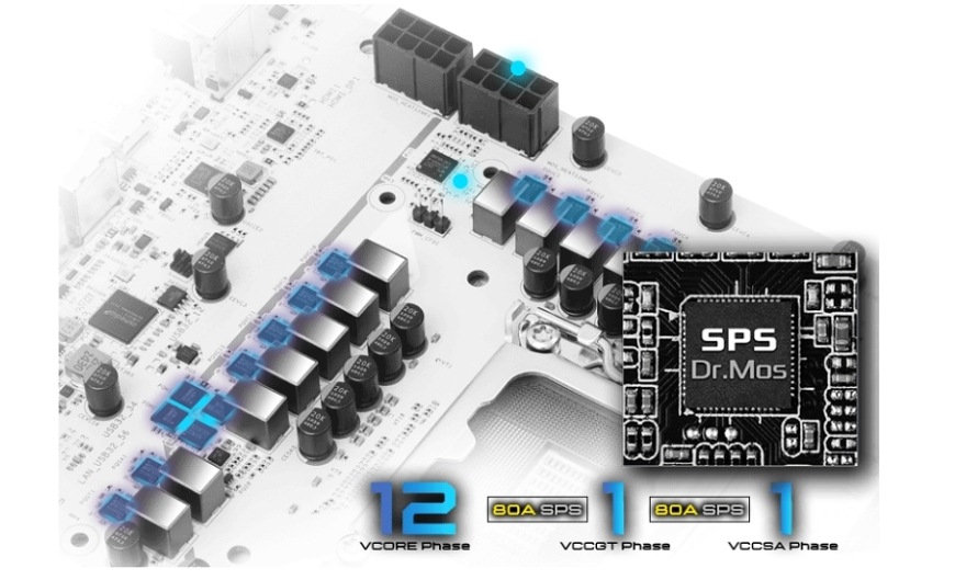 Detail napájecích fází VRM Dr.MOS u desky ASRock B860M Steel Legend WiFi pro stabilní výkon procesoru