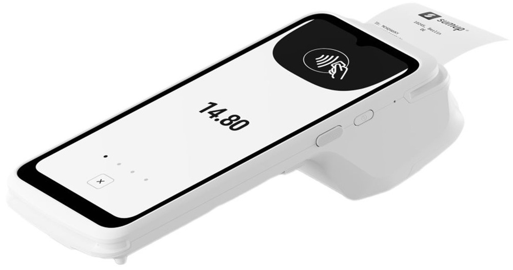 Platební terminál SumUp Smart Terminal s integrovanou tiskárnou a NFC platbou.