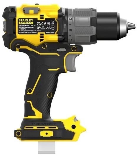 Boční pohled na aku vrtačku Stanley FatMax se štítkem technických parametrů.