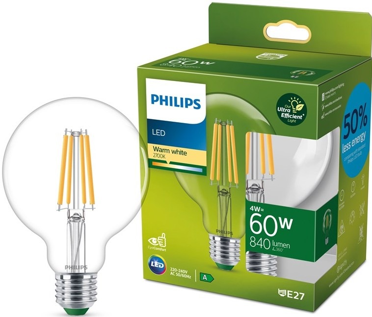 Žárovka LED Philips 60W, filament, G95, E27, teplá bílá