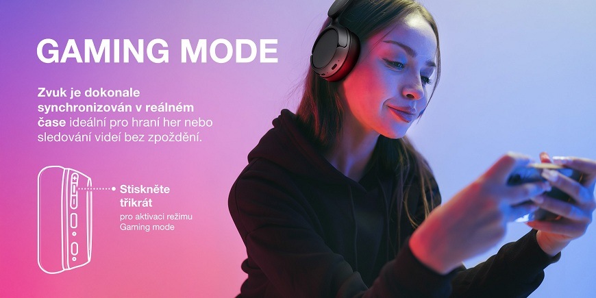 Sluchátka Hyundai HBTM 50BT černá Žena hraje hru na telefonu a má na uších bezdrátová sluchátka Hyundai HBTM 50BT. Grafika zdůrazňuje režim Gaming Mode, která zajišťuje dokonalou synchronizaci zvuku bez zpoždění, aktivovanou trojitým stisknutím tlačítka