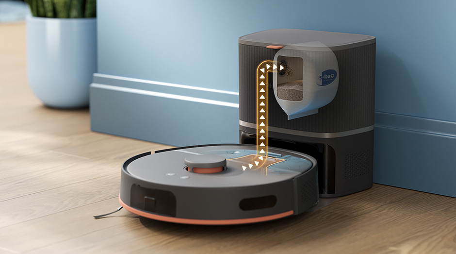 Detailní záběr vyprazdňování sáčku Robot. vys. se stanicí Philips XU5100/10 5000 Series
