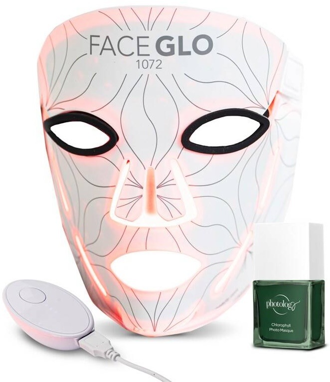 Bílá LED maska Rio FaceGlo 1072 s chlorofylovým sérem a ovladačem pro péči o pleť