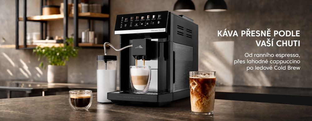 Automatický kávovar ETA Ristello Tocco v moderní kuchyni s připraveným espressem, latte macchiatem a ledovým Cold Brew