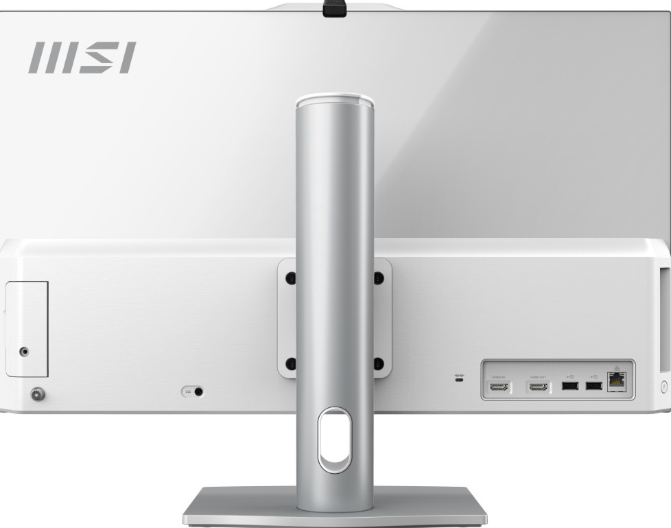 Počítač All In One MSI Modern AM272P 1M-1402EU bílý Zadní strana All In One MSI Modern AM272P 1M-1402EU se stojanem a konektory