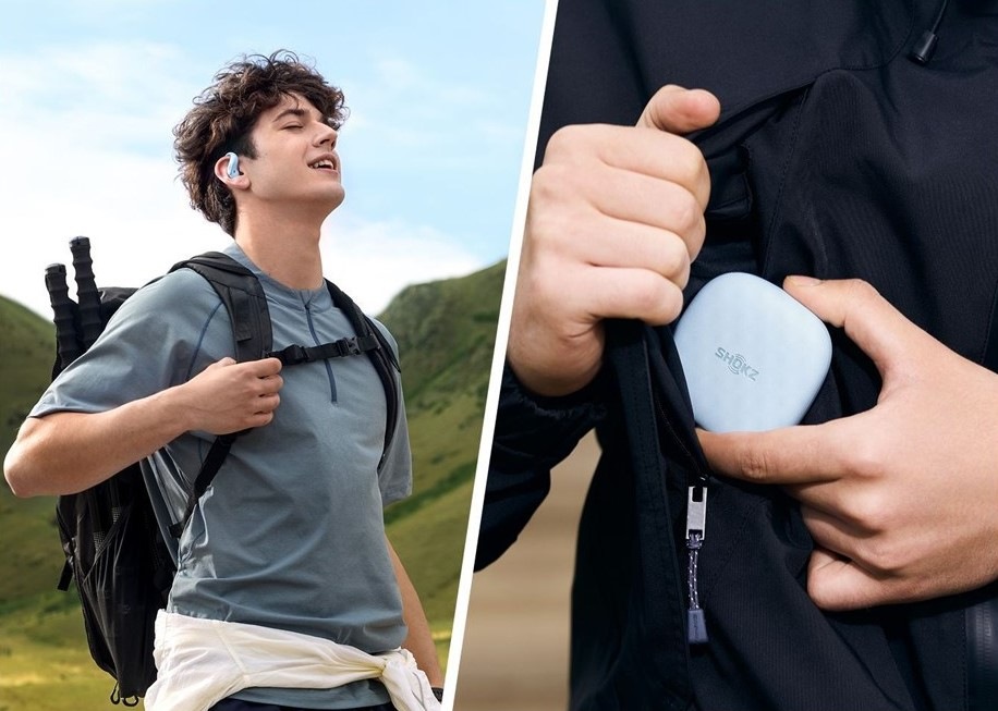 Sluchátka Shokz OpenFit Air 2, Bluetooth modrá Na jedné polovině obrázku je mladý muž, který se sluchátk OpenFit Air 2 běží, na druhé půlce fotografie je znázorněno, jak si ochranné pouzdro, které je součástí sluchátek, dává do kapsy od bundy.