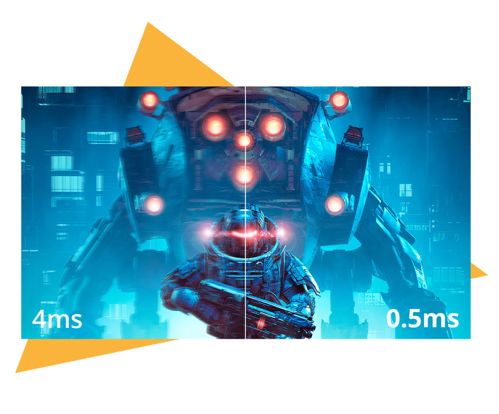 Herní monitor AOC Q24B36X černý Futuristický obrněný voják a obří robot se zářícími světly v neonové městské krajině, rozdělená obrazovka s dobou odezvy 4 ms a 0,5 ms.