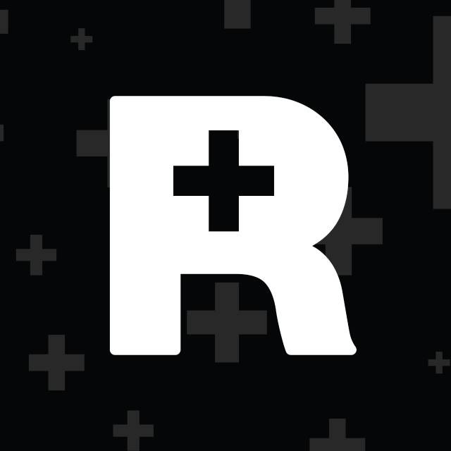 Tučné bílé písmeno „R“ s výřezem pro znaménko plus na černém pozadí. Okolo něj jsou menší, decentní šedá znaménka plus, která vytvářejí moderní a vyvážený design.