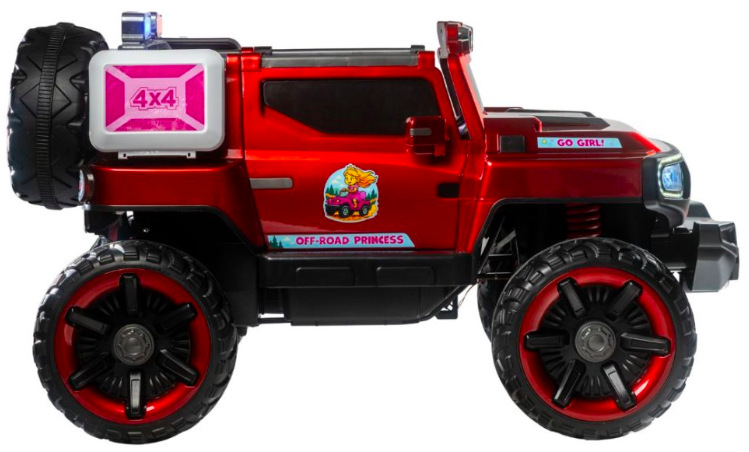 Boční pohled na dětské elektrické autíčko BLUETOUCH off-road s velkými koly a polepy
