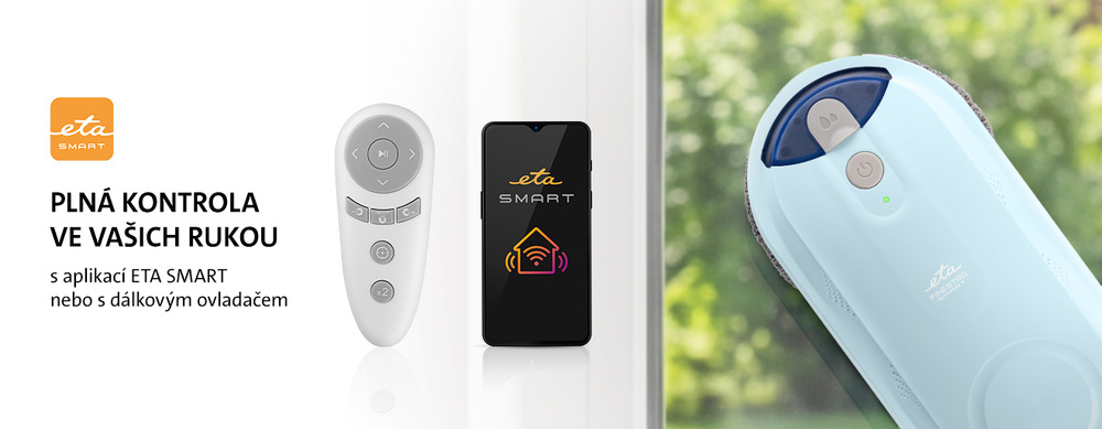 Světlomodrý robotický čistič oken ETA Finestro Smart na skle, vedle něj dálkový ovladač a smartphone s aplikací ETA SMART. Grafika zdůrazňuje snadné ovládání a plnou kontrolu nad přístrojem