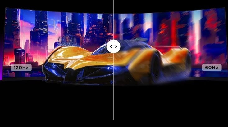 Na monitoru TCL 57R94 je opět scéna zachycující rychlé závodní auto s názornou ukázkou, že díky vysoké obnovovací frekvenci 120 Hz nedochází k rozmazání ani trhání obrazu.