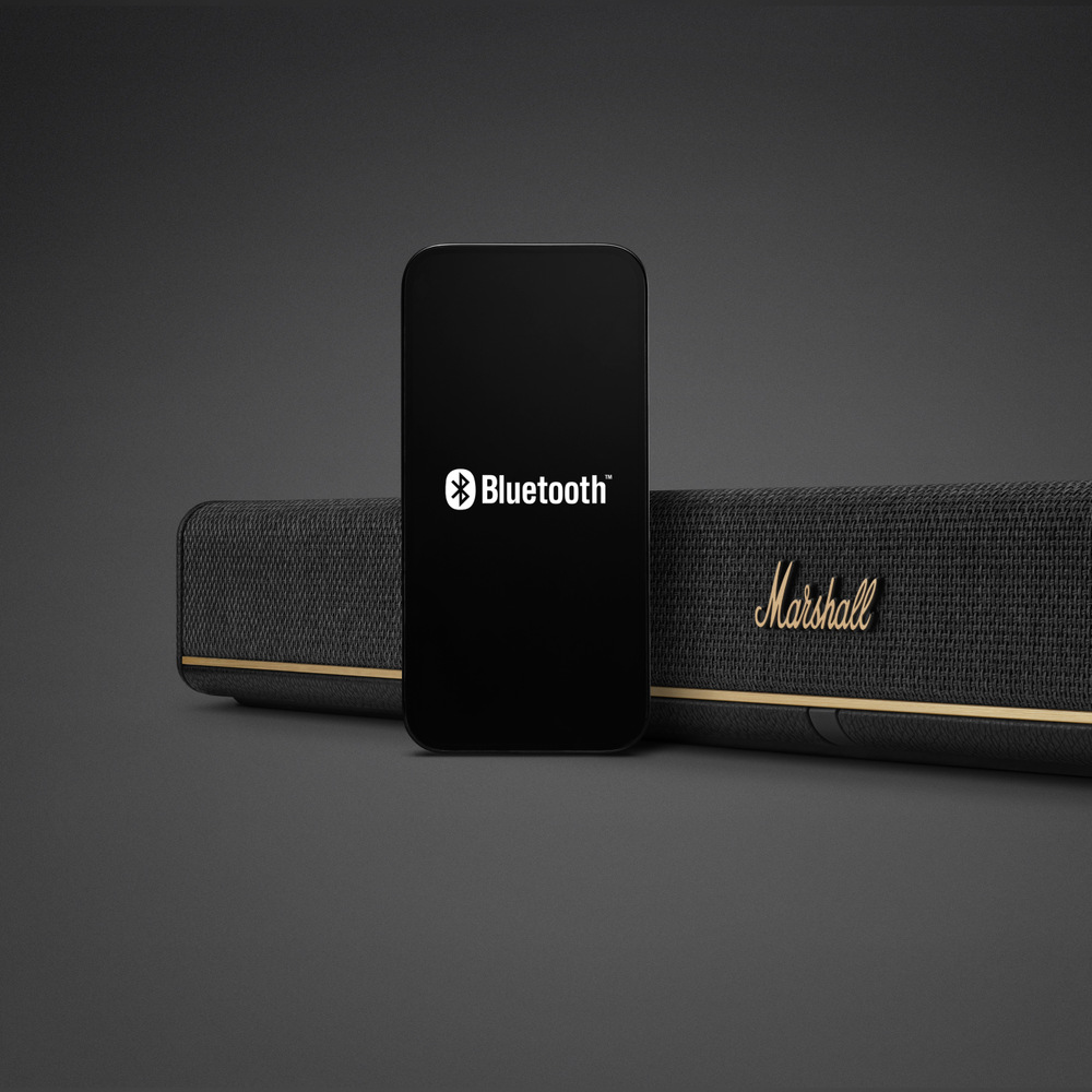 Detail soundbaru Heston 120 s logem výrobce a Bluetooth