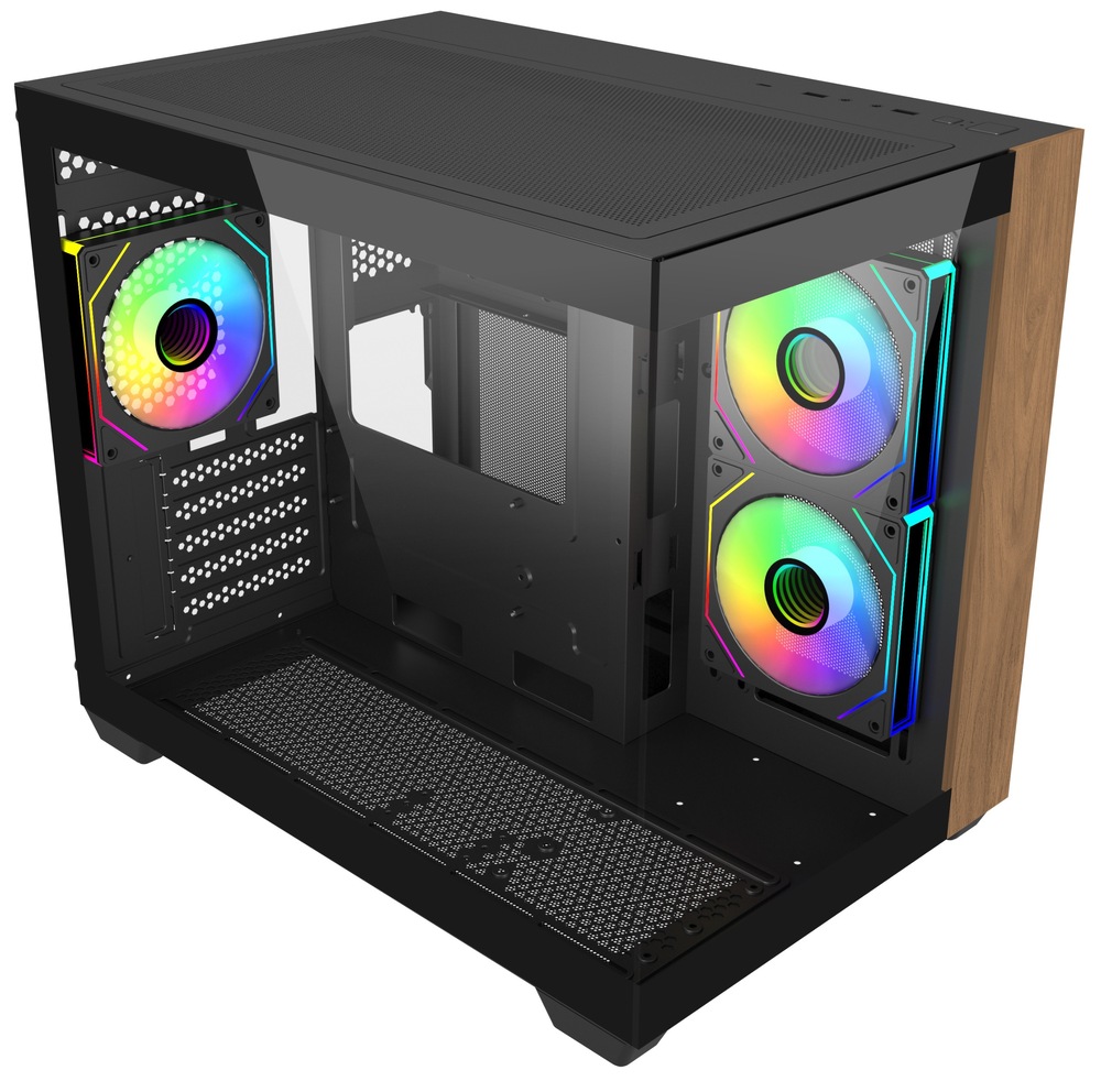 Na snímku je pohled přes levý přední roh do útrob prosklené pc skříně. Jsou vidět svítící ventilátory a na pravé straně svislá hnědá dřevěná lišta. Dále je na snímku vidět i horní kryt skříně a perforované dno i zadní stěna.