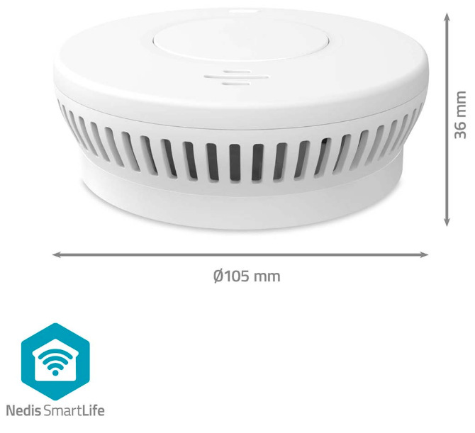 Detektor kouře Nedis SmartLife, Wi-Fi bílý Rozměry detektoru kouře Nedis SmartLife Wi-Fi průměr 105 mm a výška 36 mm