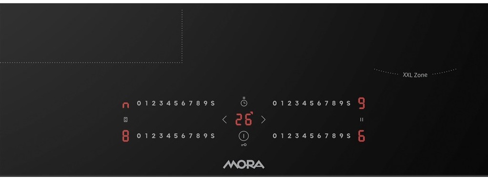 Indukční varná deska Mora VDIS 67H C černá Detail dotykového ovládacího panelu indukční desky Mora VDIS67HC s LED displejem a XXL zónou.