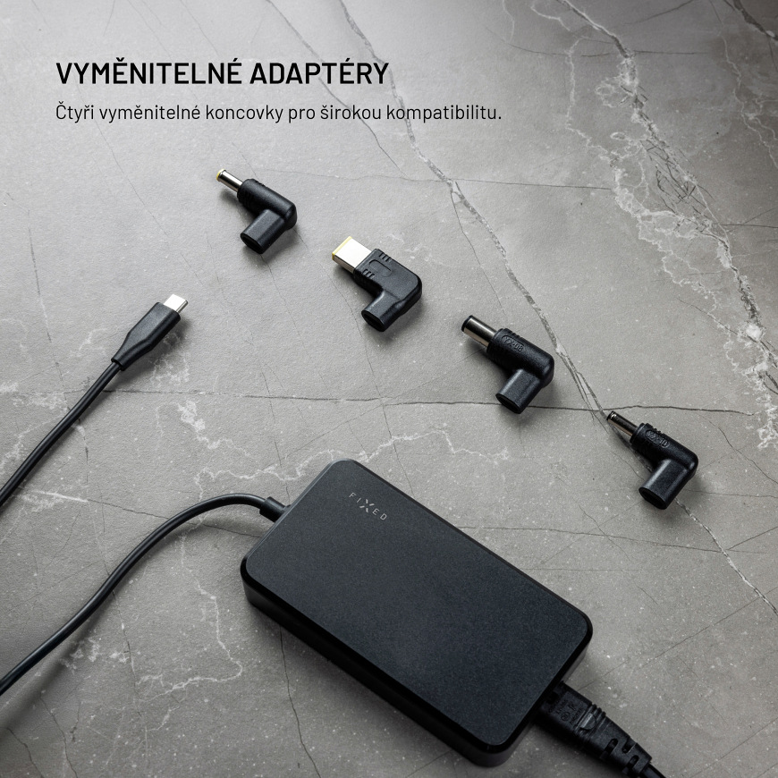 Napájecí adaptér FIXED GaN USB-C 65 W se čtyřmi výměnnými koncovkami
