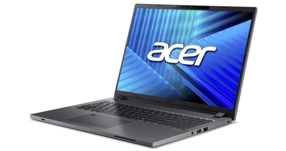 Notebook Acer TravelMate P2 16 (TMP216-71-G3-TCO-569M) šedý Otevřený a zapnutý notebook Acer TravelMate P2 16 otočený doleva