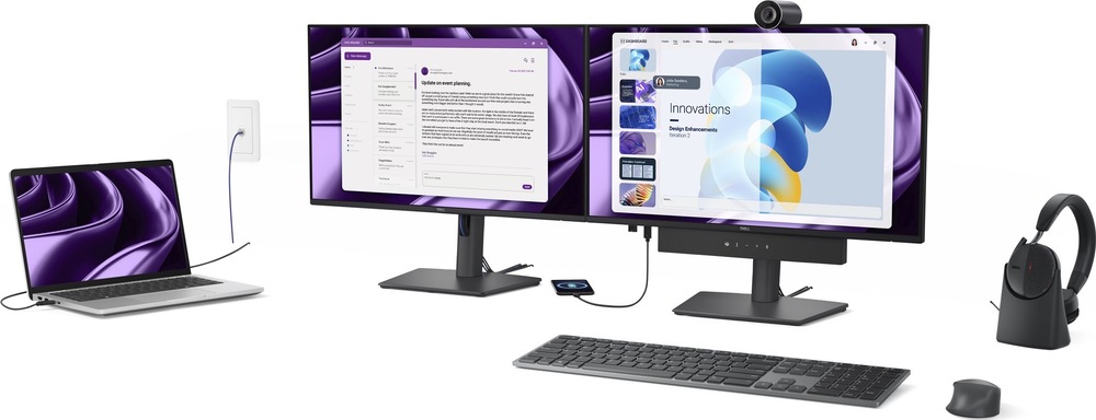 Monitor Dell Pro P 24 P2426HE šedý Pracovní sestava se dvěma šedými monitory Dell Pro P 24 P2426HE umístěnými vedle sebe. Doplňuje je notebook, webkamera, soundbar, klávesnice, myš a náhlavní souprava.