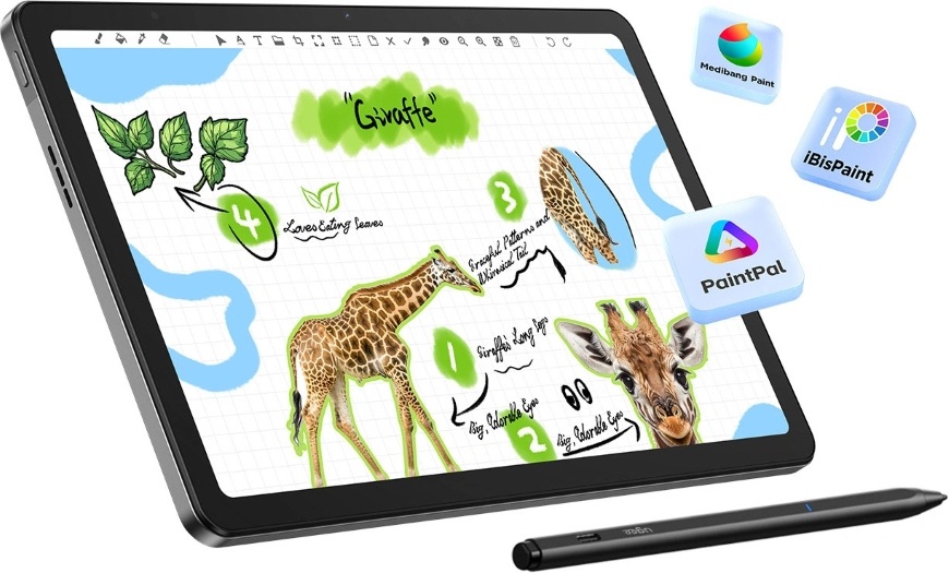 Grafický tablet UGEE UT2 černý Ilustrovaná stránka o žirafě na tabletu UGEE UT2 a ikony dostupných funkcí včetně AI PaintPal