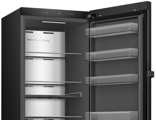 Chladnička Hisense RL5K370GSFC1 černá vnitřek lednice Hisense RL5K370GSFC1 s kovovou zadní stěnou