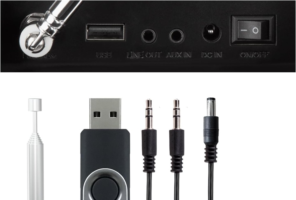 Detail konektorů a příslušenství rádia Imperial DABMAN i460 – USB, Line Out, AUX, anténa.