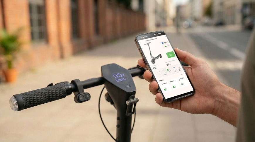 Elektrická koloběžka Sencor SCOOTER S71 LIGHT propojená s mobilní aplikací pro nastavení a správu jízdy.